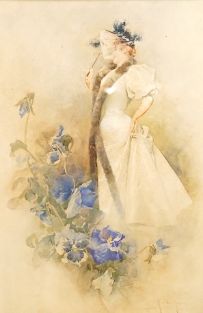French School, 19th century, A study of an elegant woman and flowers, indistinctly signed lower right, watercolour, 38 x 25cm